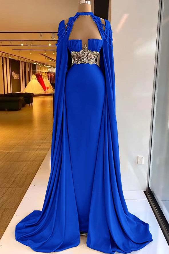 Green Mermaid Prom Dress Cap Sleeve Halter Neck Formal Dress With Beadings and Rhinestones