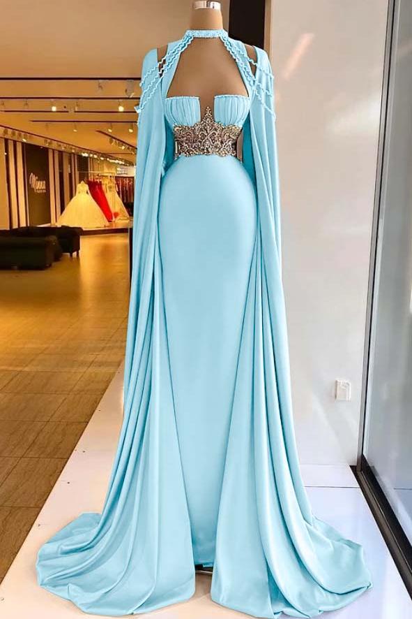 Green Mermaid Prom Dress Cap Sleeve Halter Neck Formal Dress With Beadings and Rhinestones