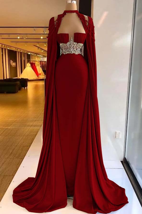 Green Mermaid Prom Dress Cap Sleeve Halter Neck Formal Dress With Beadings and Rhinestones