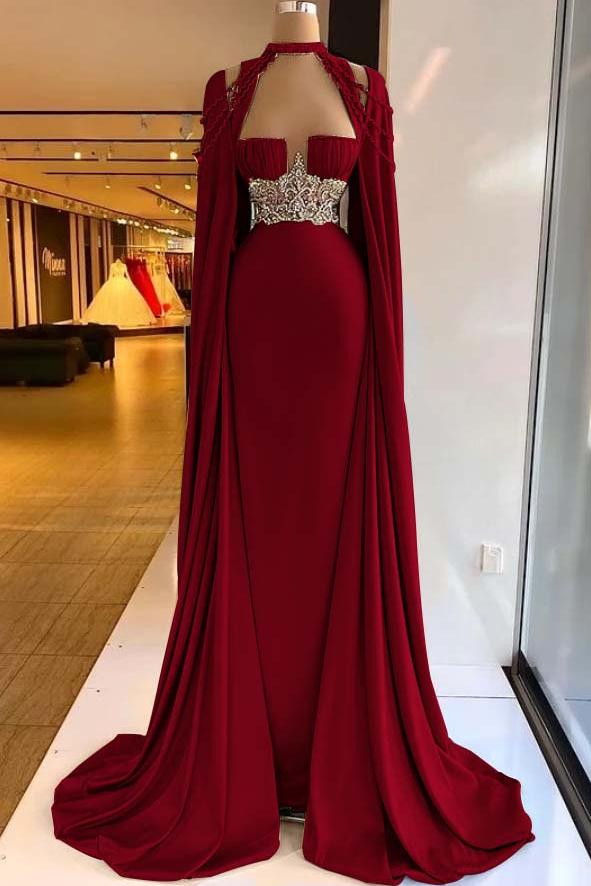 Green Mermaid Prom Dress Cap Sleeve Halter Neck Formal Dress With Beadings and Rhinestones