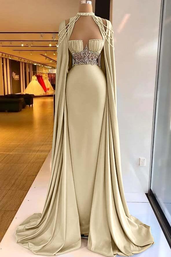 Green Mermaid Prom Dress Cap Sleeve Halter Neck Formal Dress With Beadings and Rhinestones