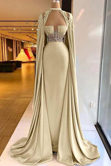 Green Mermaid Prom Dress Cap Sleeve Halter Neck Formal Dress With Beadings and Rhinestones