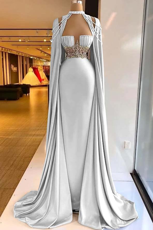 Green Mermaid Prom Dress Cap Sleeve Halter Neck Formal Dress With Beadings and Rhinestones