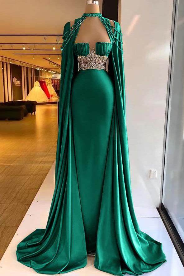 Green Mermaid Prom Dress Cap Sleeve Halter Neck Formal Dress With Beadings and Rhinestones