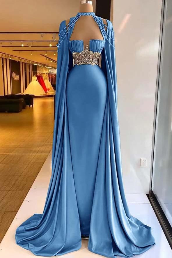 Green Mermaid Prom Dress Cap Sleeve Halter Neck Formal Dress With Beadings and Rhinestones