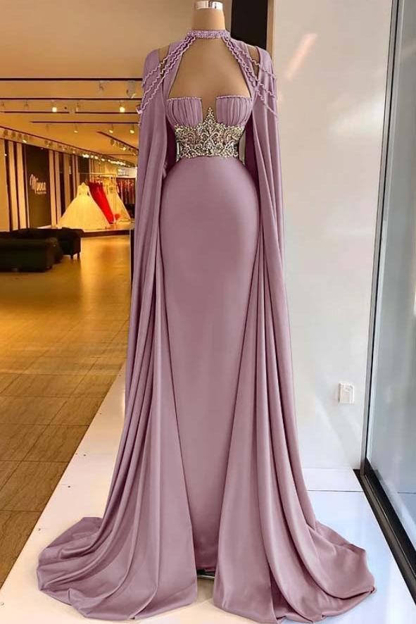 Green Mermaid Prom Dress Cap Sleeve Halter Neck Formal Dress With Beadings and Rhinestones