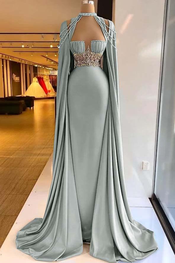 Green Mermaid Prom Dress Cap Sleeve Halter Neck Formal Dress With Beadings and Rhinestones