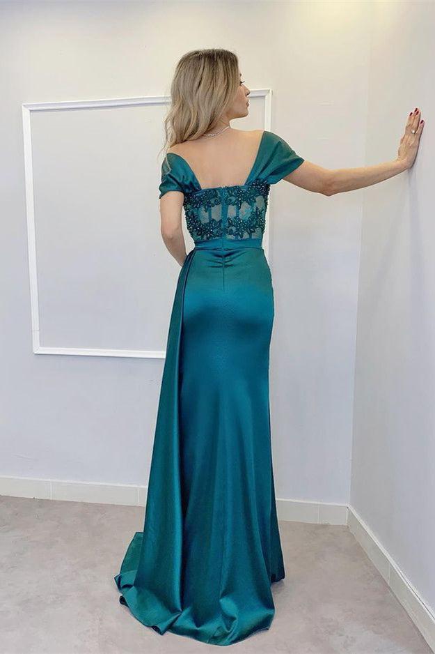 Green Mermaid Prom Dress Cap Sleeve Off the Shoulder Formal Dress With Lace Appliques