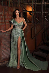 Green Mermaid Prom Dress Cap Sleeve One Shoulder Formal Dress With Sequins