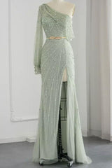 Green Mermaid Prom Dress Long Sleeve Asymmetric Formal Dress With Beadings and Rhinestones