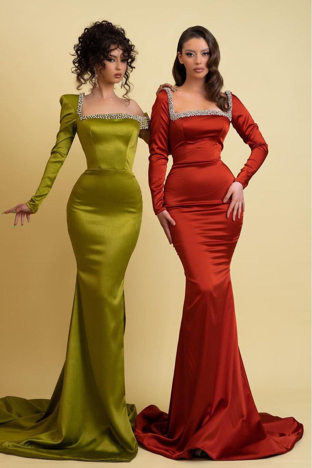 Green Mermaid Prom Dress Long Sleeve Asymmetric Neck Formal Dress With Beadings and Rhinestones