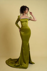 Green Mermaid Prom Dress Long Sleeve Asymmetric Neck Formal Dress With Beadings and Rhinestones