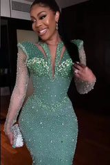 Green Mermaid Prom Dress Long Sleeve Crew Neck Formal Dress With Sequins