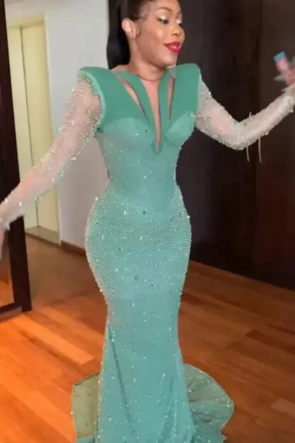 Green Mermaid Prom Dress Long Sleeve Crew Neck Formal Dress With Sequins