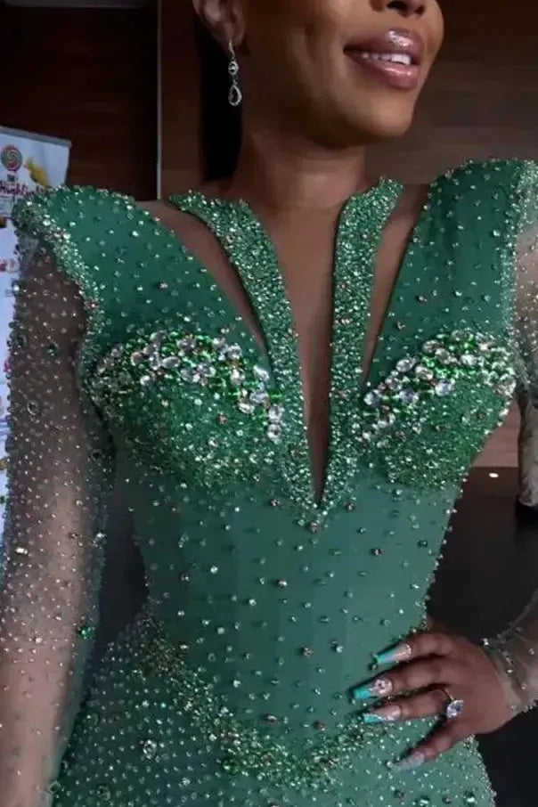 Green Mermaid Prom Dress Long Sleeve Crew Neck Formal Dress With Sequins