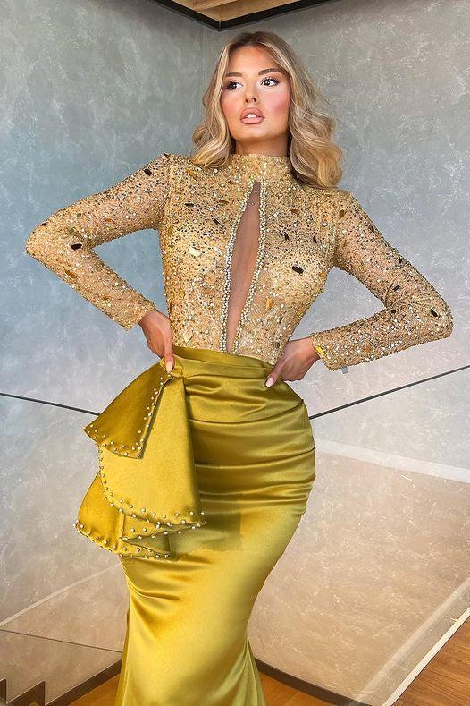 Green Mermaid Prom Dress Long Sleeve High Neck Formal Dress With Beadings