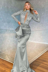 Green Mermaid Prom Dress Long Sleeve High Neck Formal Dress With Beadings