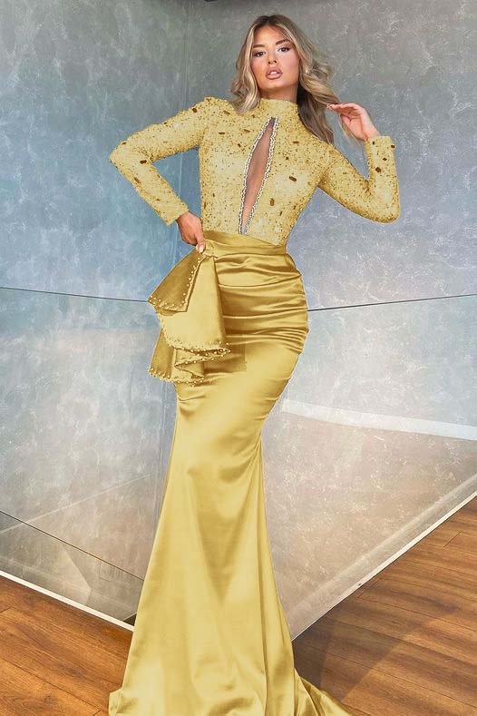 Green Mermaid Prom Dress Long Sleeve High Neck Formal Dress With Beadings