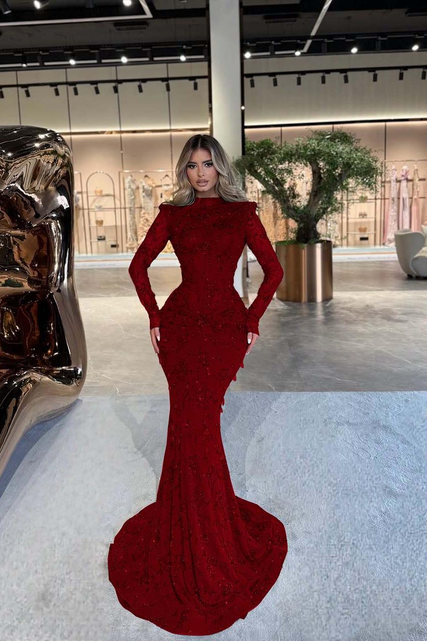 Green Mermaid Prom Dress Long Sleeve High Neck Formal Dress With Beadings and Rhinestones