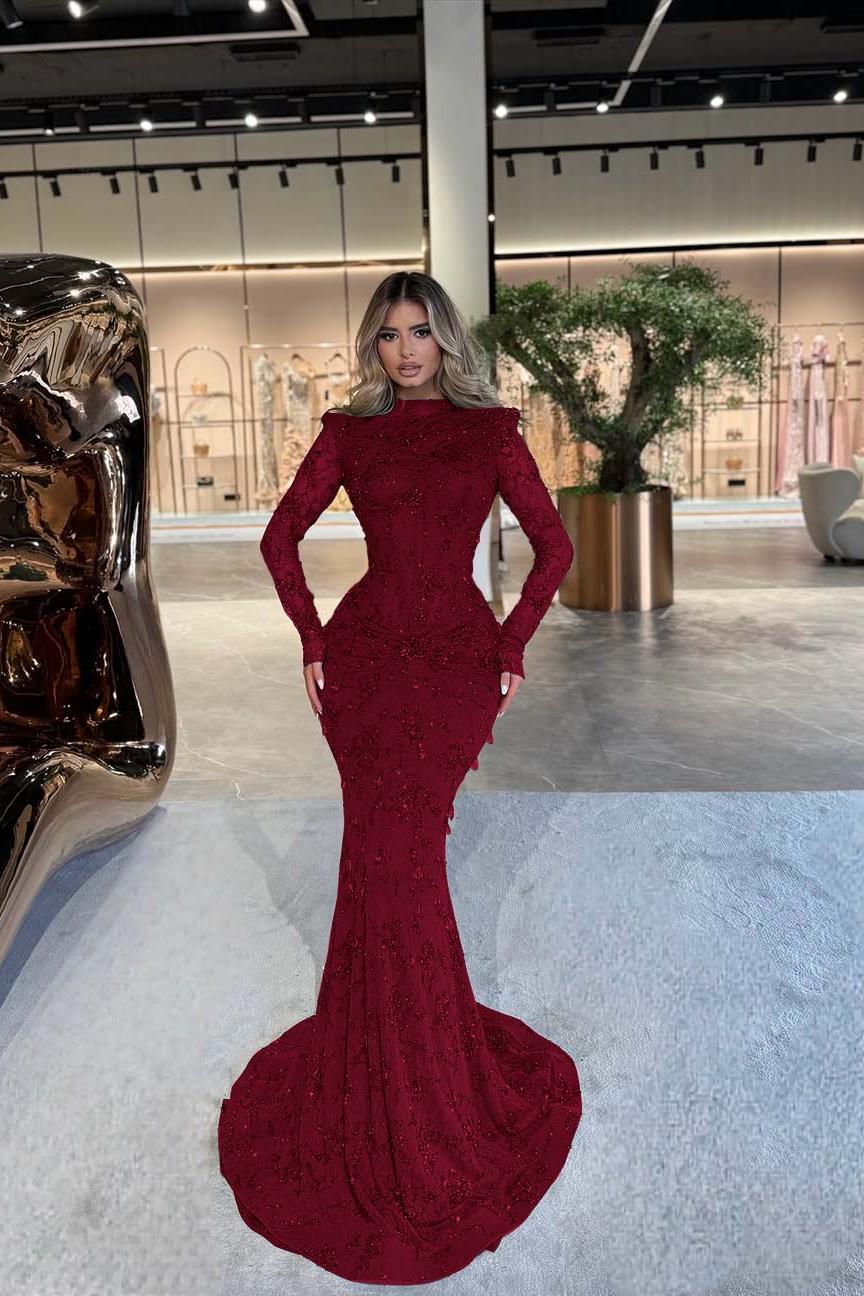 Green Mermaid Prom Dress Long Sleeve High Neck Formal Dress With Beadings and Rhinestones