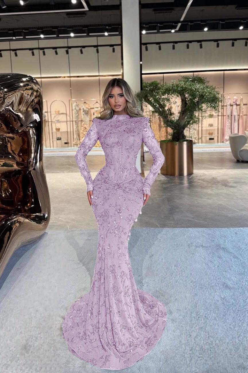 Green Mermaid Prom Dress Long Sleeve High Neck Formal Dress With Beadings and Rhinestones