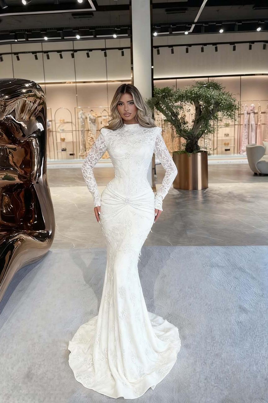 Green Mermaid Prom Dress Long Sleeve High Neck Formal Dress With Beadings and Rhinestones