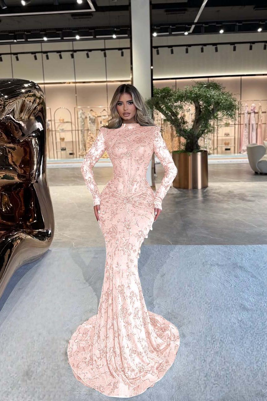 Green Mermaid Prom Dress Long Sleeve High Neck Formal Dress With Beadings and Rhinestones