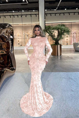 Green Mermaid Prom Dress Long Sleeve High Neck Formal Dress With Beadings and Rhinestones
