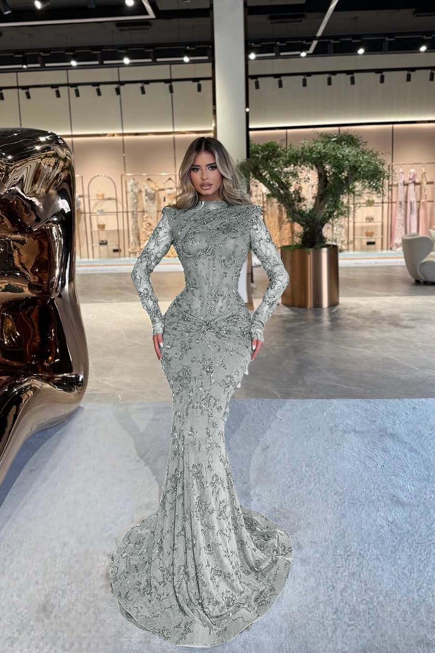 Green Mermaid Prom Dress Long Sleeve High Neck Formal Dress With Beadings and Rhinestones