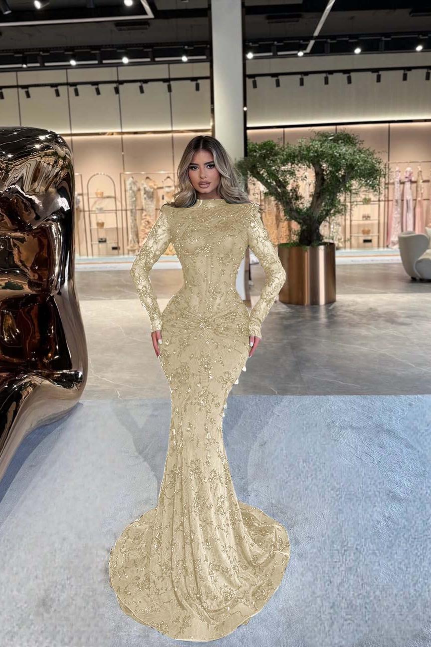 Green Mermaid Prom Dress Long Sleeve High Neck Formal Dress With Beadings and Rhinestones