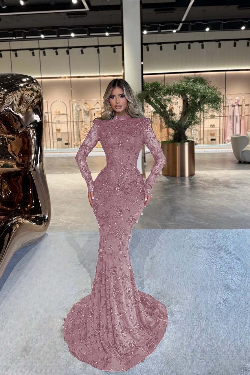 Green Mermaid Prom Dress Long Sleeve High Neck Formal Dress With Beadings and Rhinestones