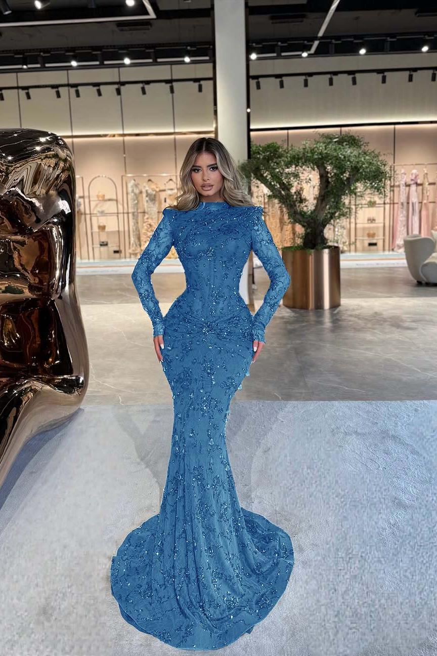 Green Mermaid Prom Dress Long Sleeve High Neck Formal Dress With Beadings and Rhinestones