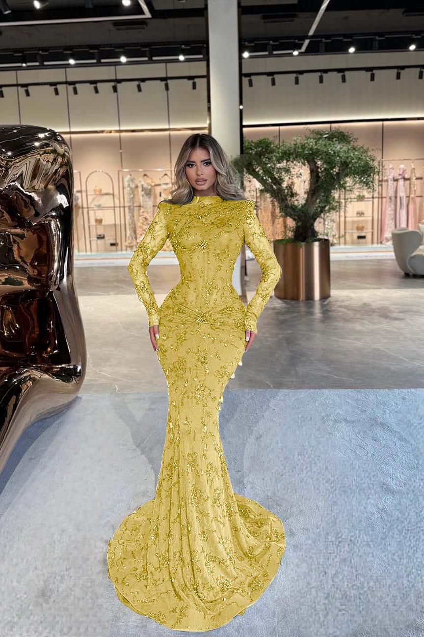 Green Mermaid Prom Dress Long Sleeve High Neck Formal Dress With Beadings and Rhinestones