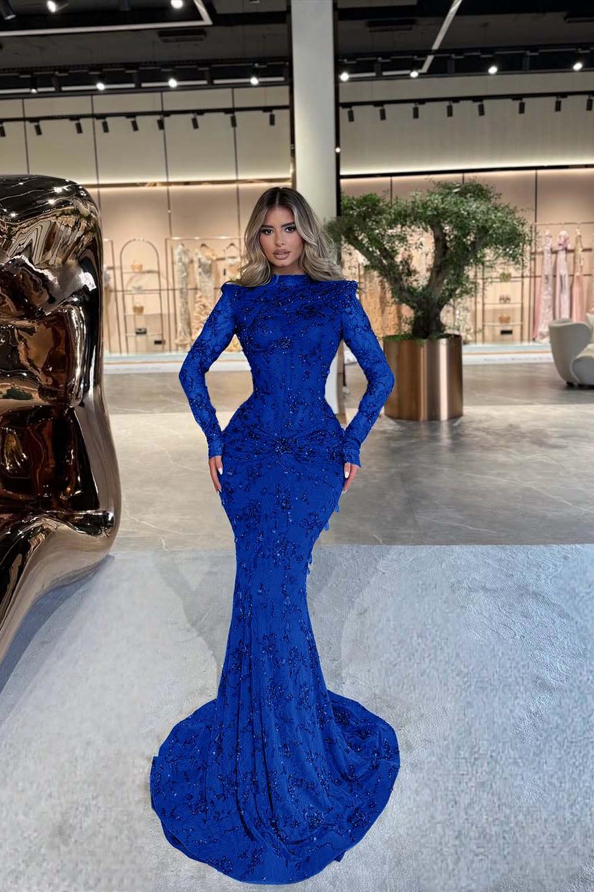 Green Mermaid Prom Dress Long Sleeve High Neck Formal Dress With Beadings and Rhinestones