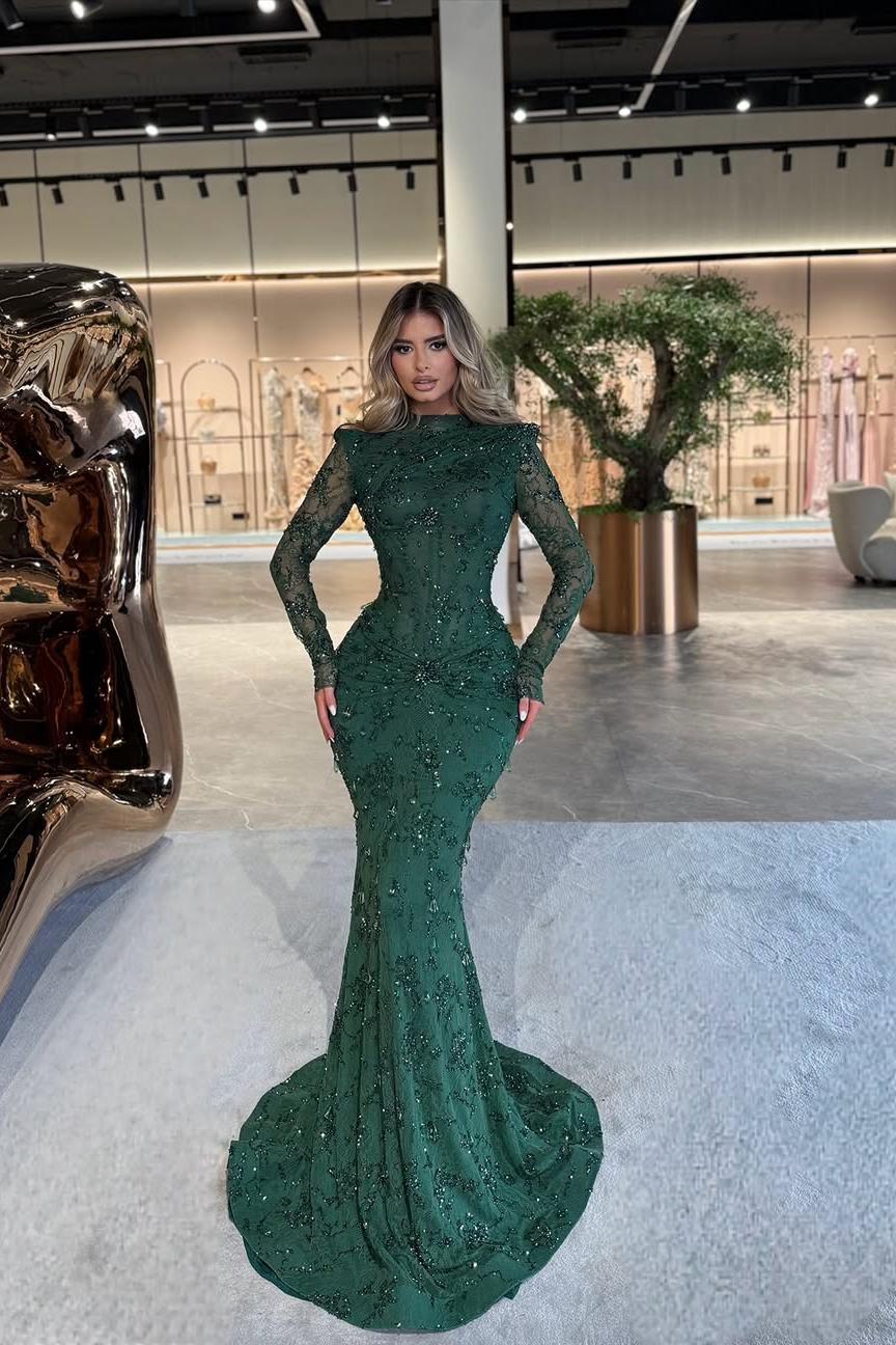 Green Mermaid Prom Dress Long Sleeve High Neck Formal Dress With Beadings and Rhinestones