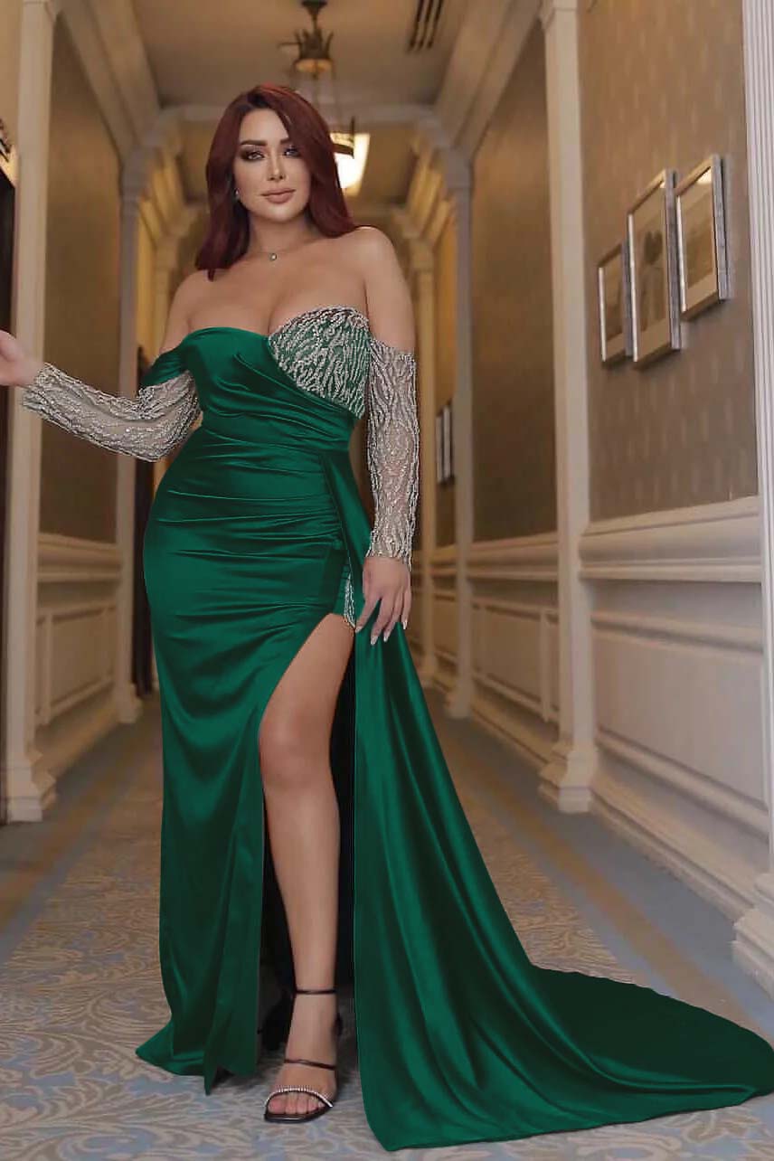 Green Mermaid Prom Dress Long Sleeve Off the Shoulder Formal Dress With Sequins