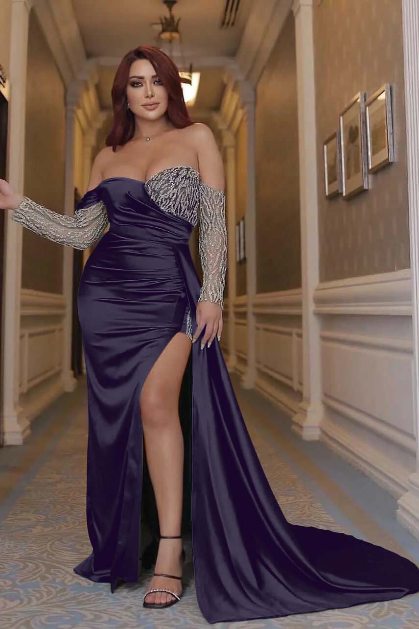 Green Mermaid Prom Dress Long Sleeve Off the Shoulder Formal Dress With Sequins