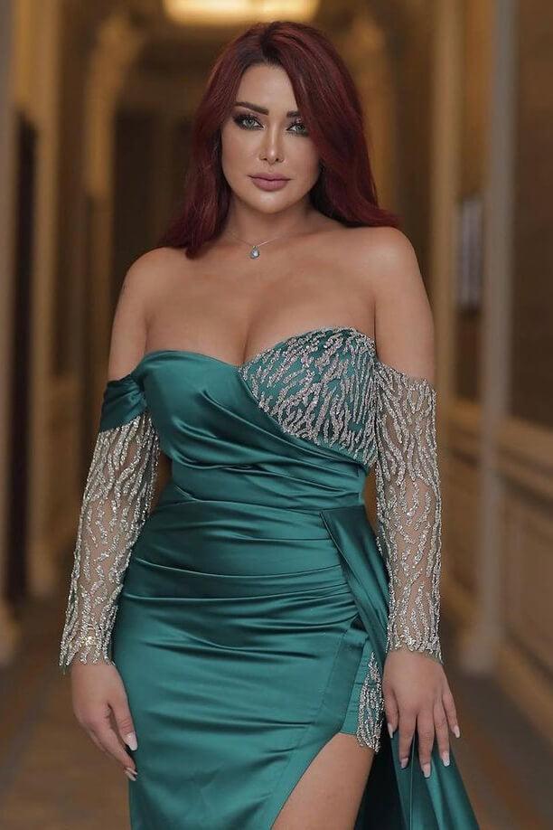 Green Mermaid Prom Dress Long Sleeve Off the Shoulder Formal Dress With Sequins