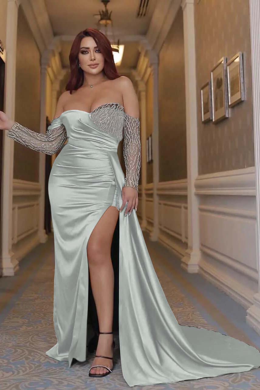 Green Mermaid Prom Dress Long Sleeve Off the Shoulder Formal Dress With Sequins