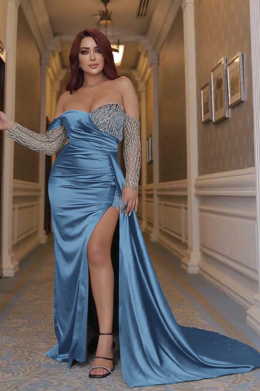 Green Mermaid Prom Dress Long Sleeve Off the Shoulder Formal Dress With Sequins