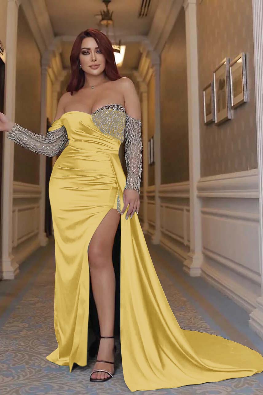 Green Mermaid Prom Dress Long Sleeve Off the Shoulder Formal Dress With Sequins