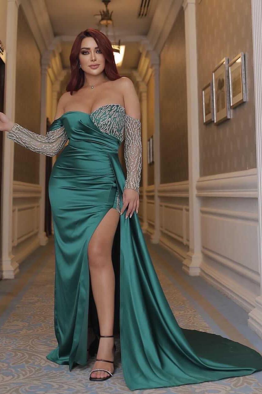 Green Mermaid Prom Dress Long Sleeve Off the Shoulder Formal Dress With Sequins