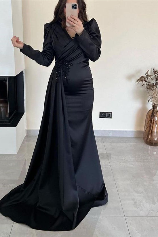 Green Mermaid Prom Dress Long Sleeve V Neck Formal Dress With Beadings and Rhinestones