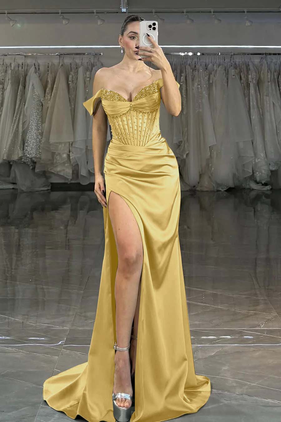 Green Mermaid Prom Dress Off the Shoulder Cap Sleeve Formal Dress With Sequins
