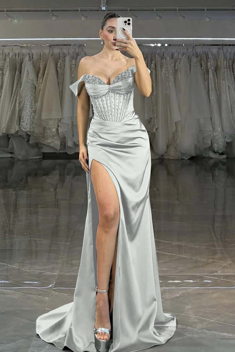 Green Mermaid Prom Dress Off the Shoulder Cap Sleeve Formal Dress With Sequins