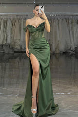 Green Mermaid Prom Dress Off the Shoulder Cap Sleeve Formal Dress With Sequins