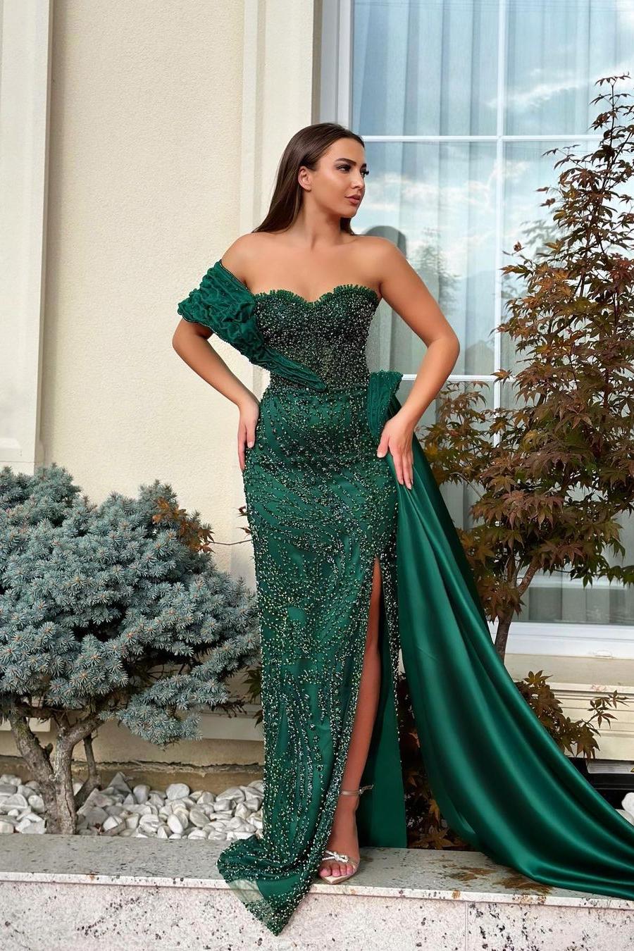 Green Mermaid Prom Dress One Shoulder Cap Sleeve Formal Dress With Beadings and Rhinestones