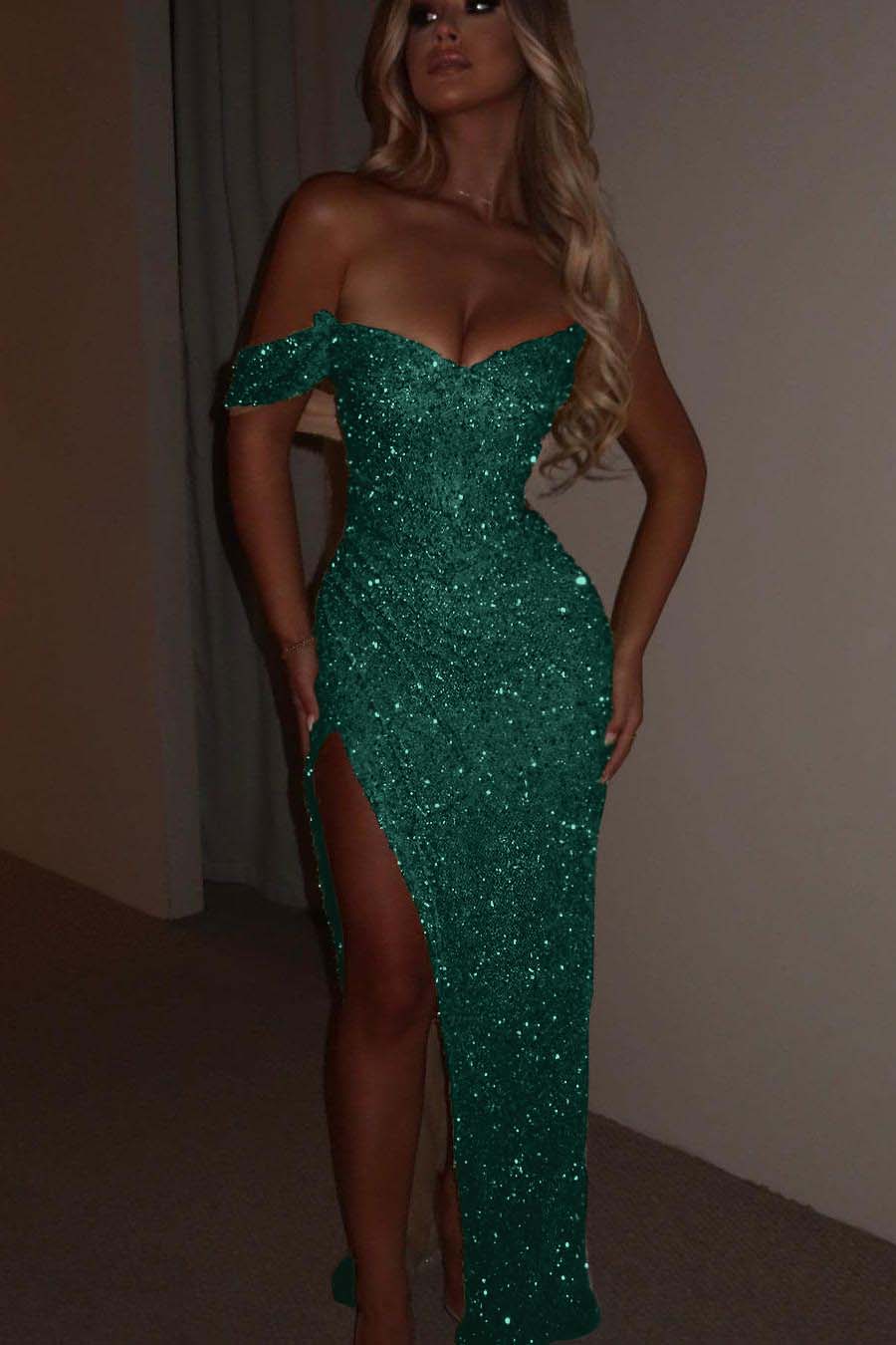 Green Mermaid Prom Dress One Shoulder Cap Sleeve Formal Dress With Sequins