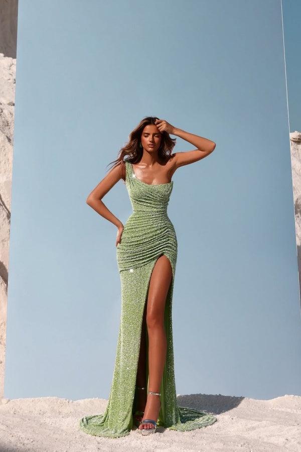 Green Mermaid Prom Dress One Shoulder Formal Dress With Sequins
