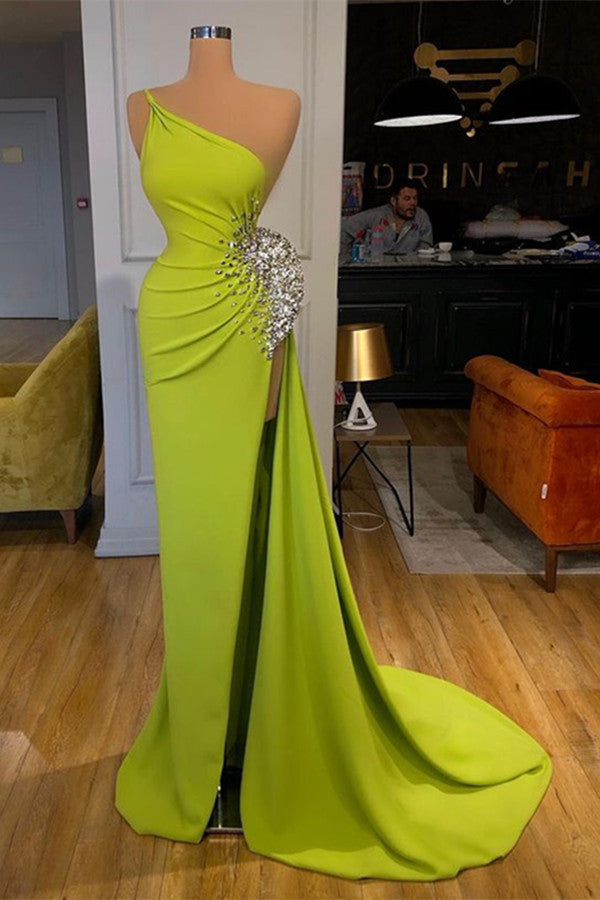 Green Mermaid Prom Dress Sleeveless One Shoulder Formal Dress With Beadings and Rhinestones